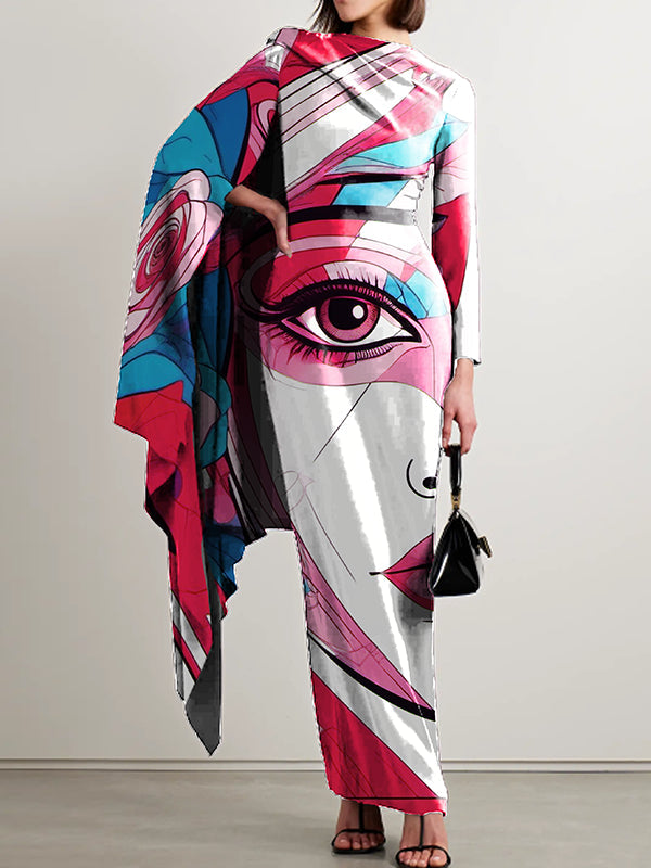 Asymmetric Figure Split-back Capelet Long Sleeves Boat Neck Maxi Dresses