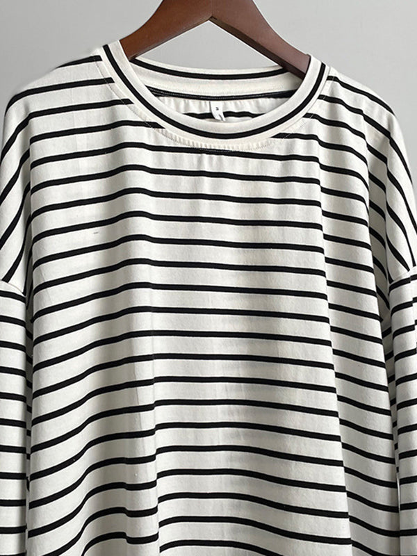 Split-Joint Split-Side Striped Long Sleeves Loose Round-Neck T-Shirts