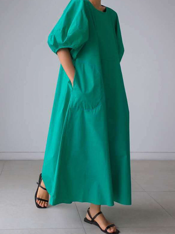 Original Bishop Sleeve Solid Color Midi Dress