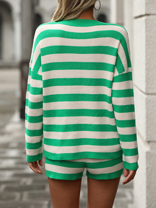 Split-Joint Striped Long Sleeves Loose Round-Neck Two Pieces Set