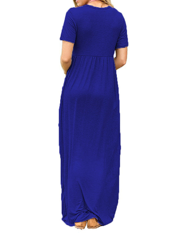 Pleated Pockets Solid Color Split-Joint High Waisted Short Sleeves Round-Neck Maxi Dresses