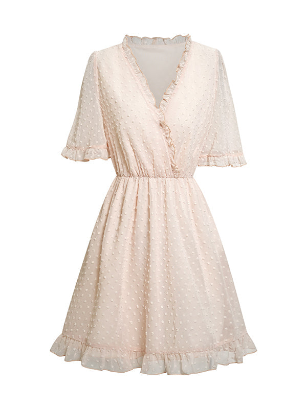 Jacquard Ruffled Solid Color A-Line Loose V-Neck Mini Dresses