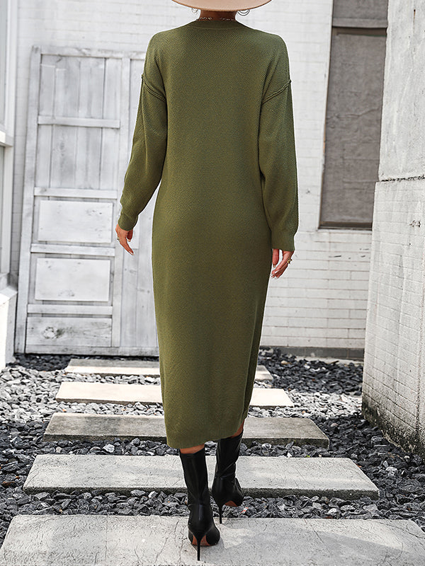 Buttoned Split-Joint Long Sleeves Loose Round-Neck Sweater Dresses Midi Dresses