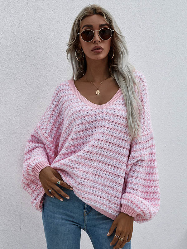 Original Loose Striped 8 Colors V-Neck Long Sleeves Sweater Top