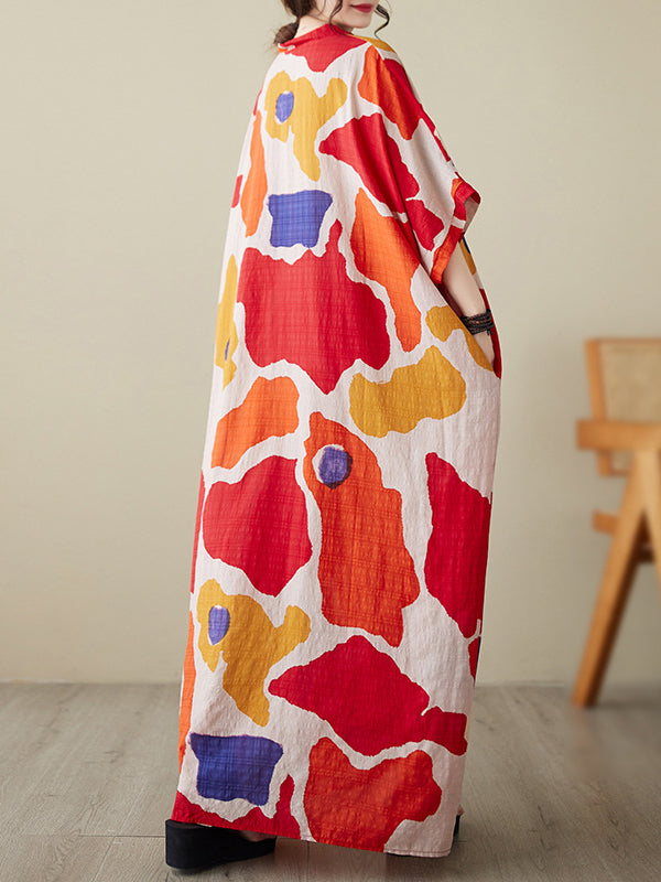 Color-Block Contrast Color Batwing Sleeves Loose Round-Neck Maxi Dresses