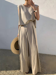 Loose Short Sleeves Hollow Solid Color Split-Joint Round-Neck Vest Top