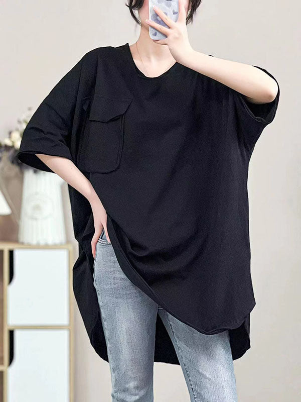 Pockets Solid Color Half Sleeves Irregular Clipping V-Neck T-Shirts Tops