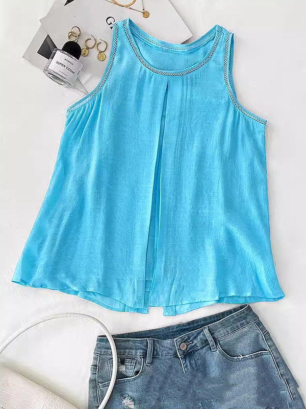 Solid Color Split-Back Split-Front Split-Joint Loose Sleeveless Round-Neck Vest Top