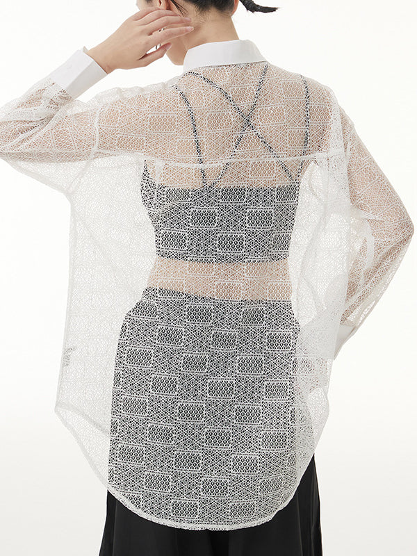 Lacy See-Through Solid Color Long Sleeves Loose Lapel Blouses&shirts Tops