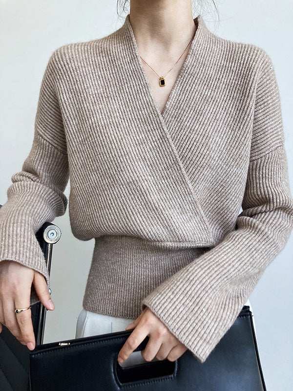 Casual Long Sleeves Loose Solid Color Cross V-Neck Sweater Tops