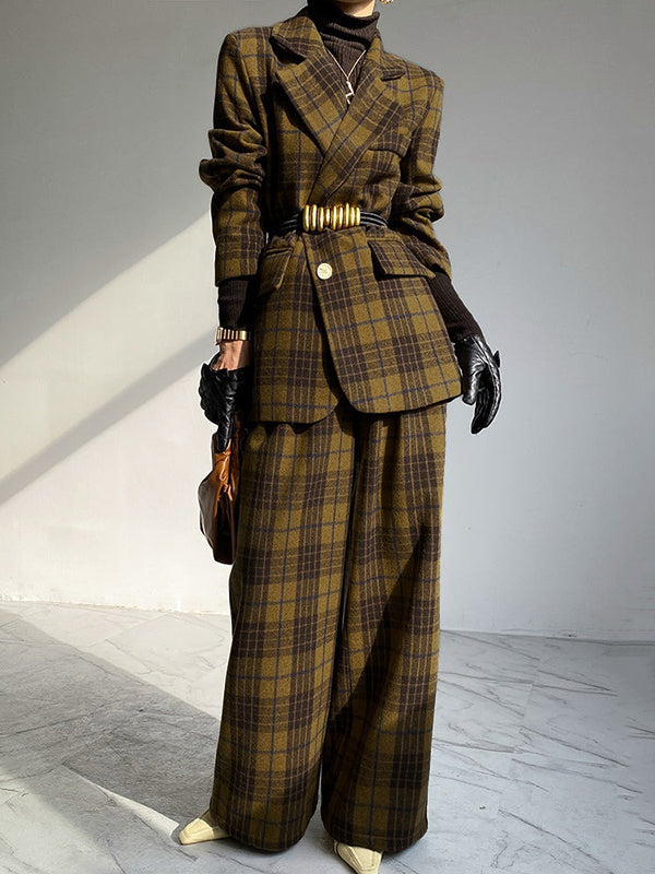 Plaid Split-Joint Lapel Woolen Coat Jackets
