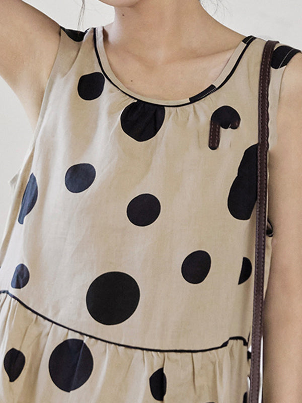 Contrast Color Pleated Polka-Dot Split-Joint Tied Waist Loose Sleeveless Round-Neck Midi Dresses