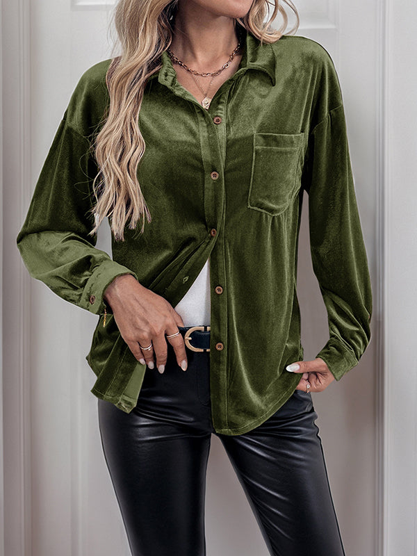 Buttoned Pockets Solid Color Split-Joint Velvet Long Sleeves Loose Lapel Blouses&Shirts Tops