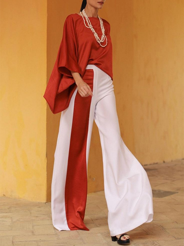 Solid Color Striped Batwing Sleeves Half Sleeves Round-Neck T-Shirt Tops&Pants Two Pieces Set