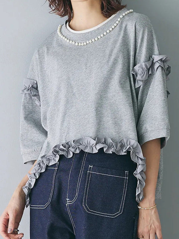 Beaded Ruffled Solid Color Half Sleeves Round-Neck T-Shirts Tops&Pants Two Pieces Set