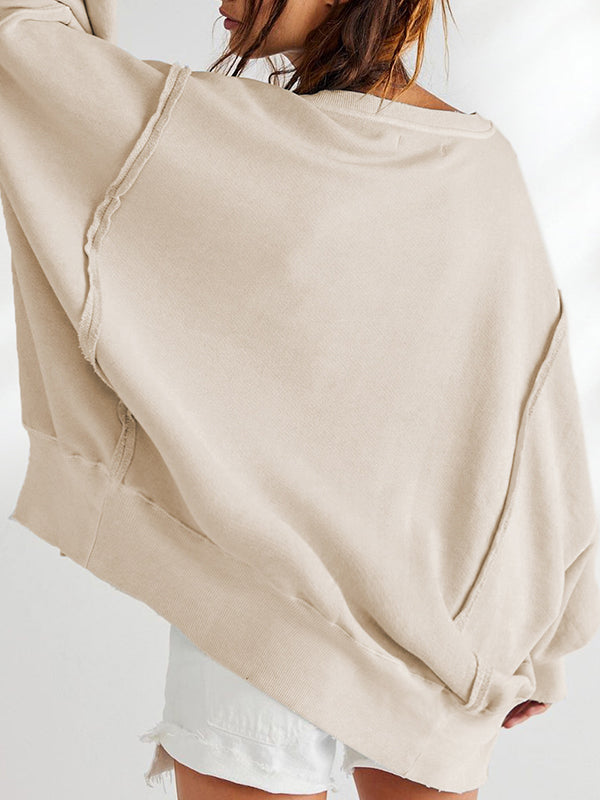 Fringed Solid Color Split-Joint Split-Side Long Sleeves Loose Round-Neck Sweatershirt