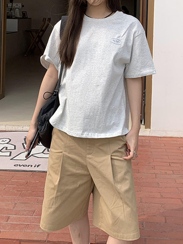 Pleated Solid Color High Waisted Loose Shorts Bottoms Half Pants