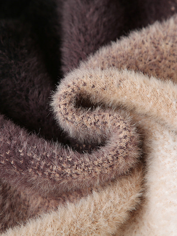 Gradient Split-Joint Velvet Long Sleeves Loose Off-The-Shoulder Sweater Tops