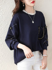 Chains Pockets Ruffled Split-Joint Three-Dimensional Flower Long Sleeves Loose Round-Neck T-Shirts Tops