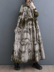 Pleated Printed Split-Joint A-Line Long Sleeves Stand Collar Midi Dresses