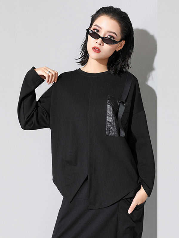 Loose Long Sleeves Split-Front Round-Neck T-Shirts Tops