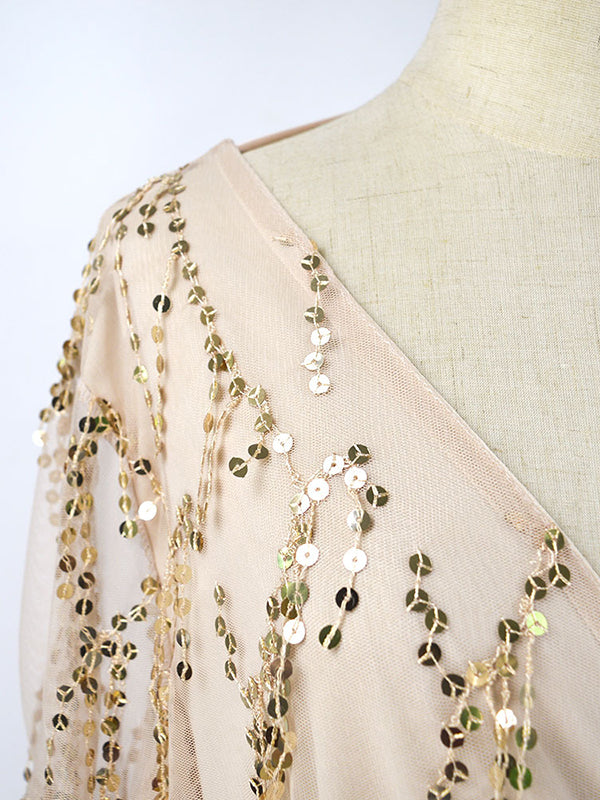 Gauze Pockets See-Through Sequined Split-Joint Long Sleeves Loose V-Neck Midi Dresses Evening Dresses