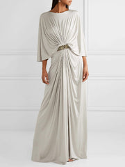Belted Pleated Solid Color Loose Round-neck Maxi Dresses