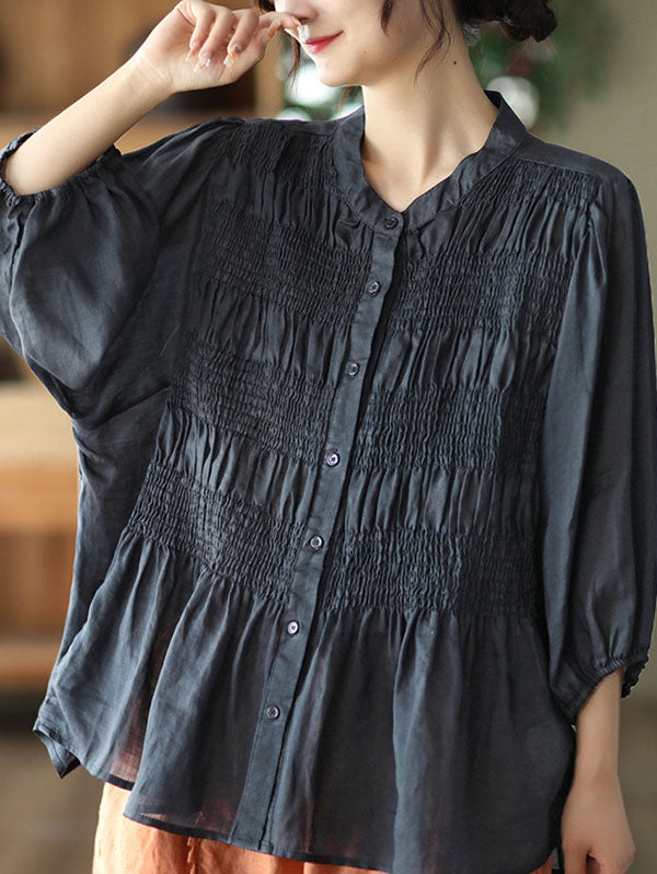 Pleated Solid Color Split-Joint Loose Three-Quarter Sleeves Stand Collar Blouses&Shirts Tops