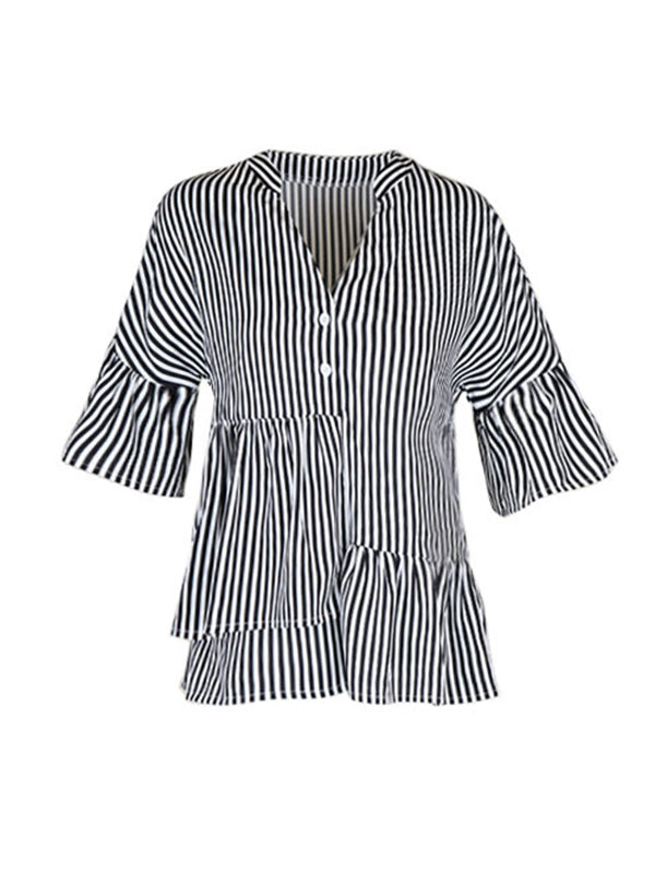 Asymmetric Falbala Pleated Split-Joint Striped Tiered Loose Raglan Sleeve V-Neck Blouses&Shirts Tops
