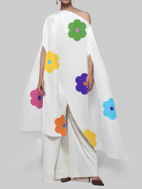 Asymmetric Flower Print Split-front Batwing Sleeves High-low One-shoulder Blouses&shirts Tops