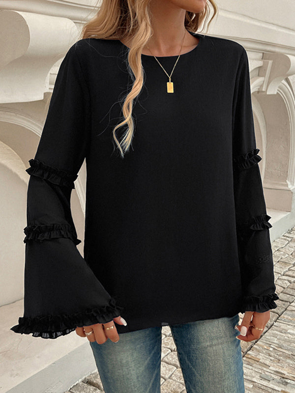 Solid Color Split-Joint Flared Sleeves Long Sleeves Round-Neck T-Shirts Tops
