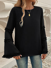 Solid Color Split-Joint Flared Sleeves Long Sleeves Round-Neck T-Shirts Tops