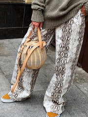 Elasticity Pockets Snakeskin Printed High Waisted Loose Trousers Pants