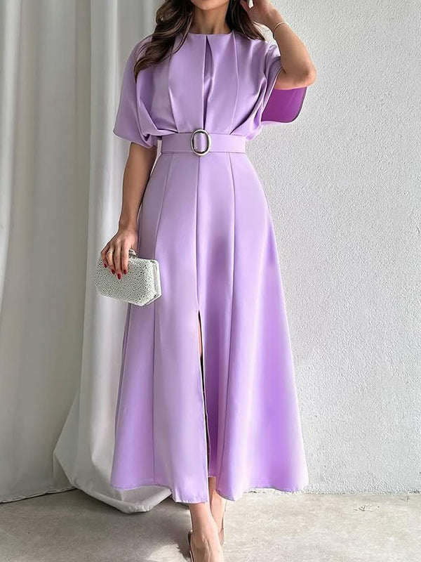 Loose Raglan Sleeve Pleated Split-Front Split-Joint Tied Waist Round-Neck Maxi Dresses