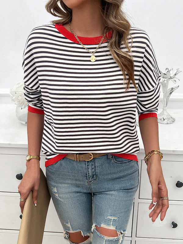 Split-Joint Striped Long Sleeves Loose Round-Neck Sweater Tops Pullovers