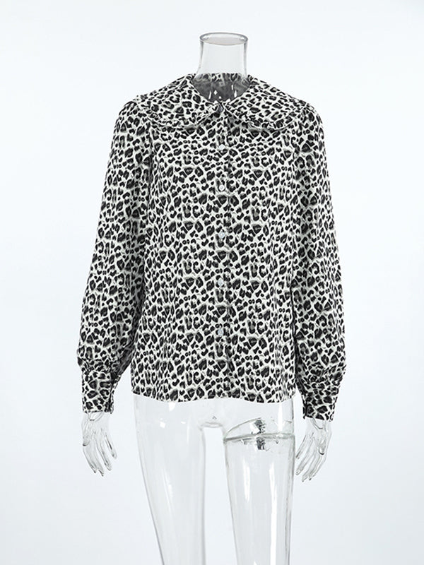 Leopard Printed Split-Joint Loose Puff Sleeves Peter Pan Collar Blouses&Shirts Tops