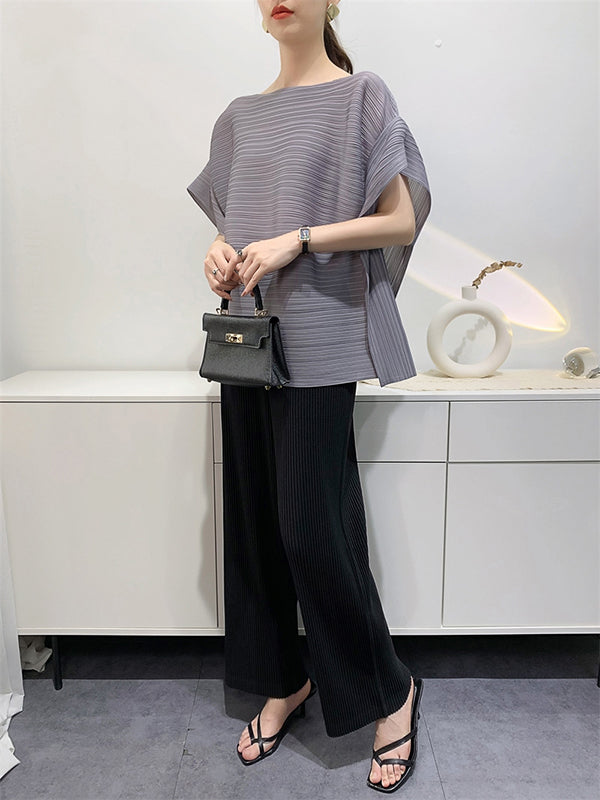 Pleated Solid Color Batwing Sleeves Loose Round-Neck T-Shirts Tops