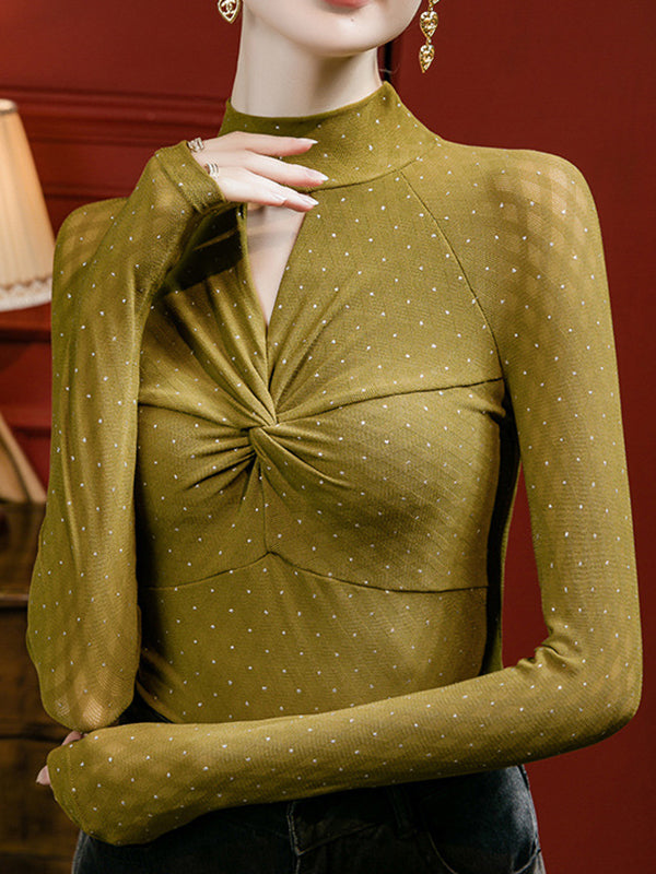 Hollow Knot Polka-Dot Rhine Stones Split-Joint Long Sleeves Plus Size Mock Neck T-Shirts Tops