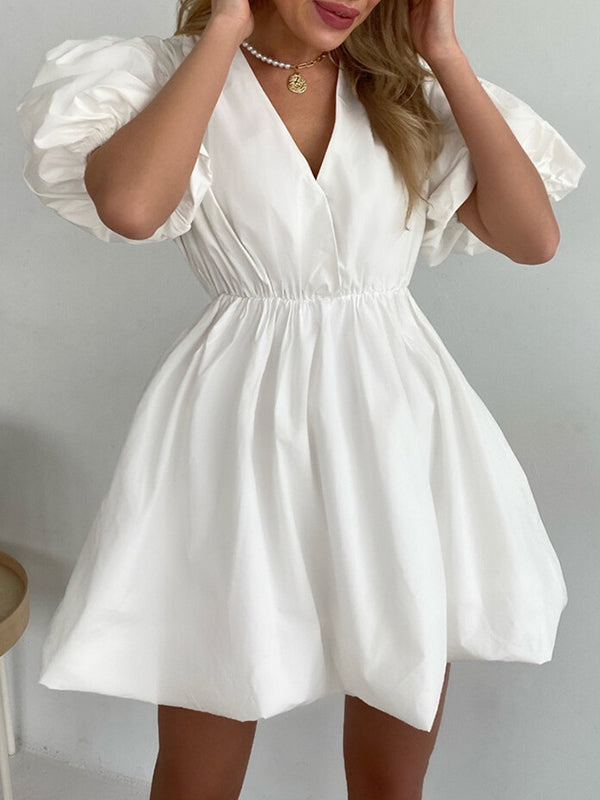 Pleated Solid Color Split-Joint Loose Puff Sleeves V-Neck Mini Dresses