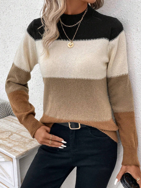 Contrast Color Long Sleeves Round-Neck Sweater Tops Pullovers
