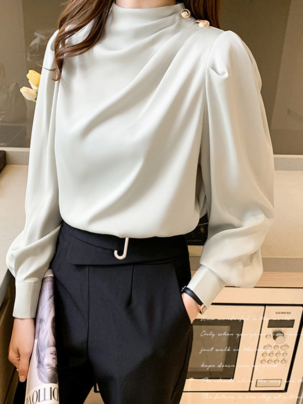 Pleated Split-Joint Loose Puff Sleeves High Neck Blouses&shirts Tops