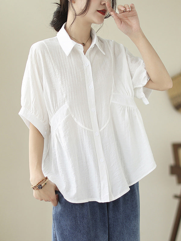 Pleated Solid Color Split-Joint Half Sleeves Loose Lapel Blouses&Shirts Tops