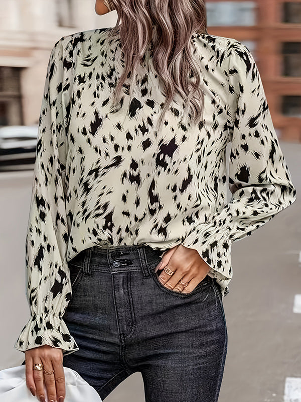 Elasticity Pleated Printed Flared Sleeves Long Sleeves Mock Neck Blouses&Shirts Tops