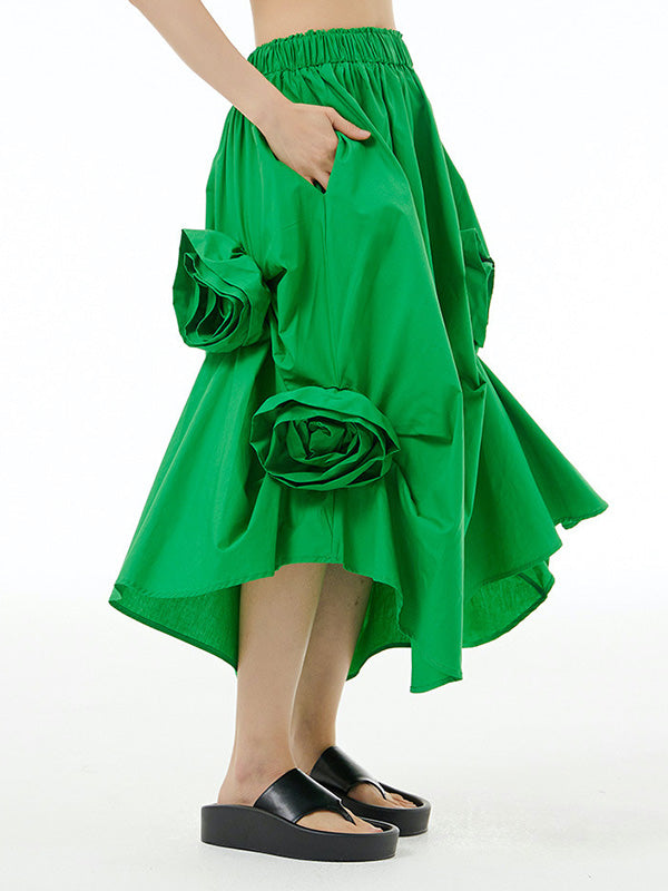 Asymmetric Elasticity Solid Color Three-Dimensional Flower Loose Skirts Bottoms