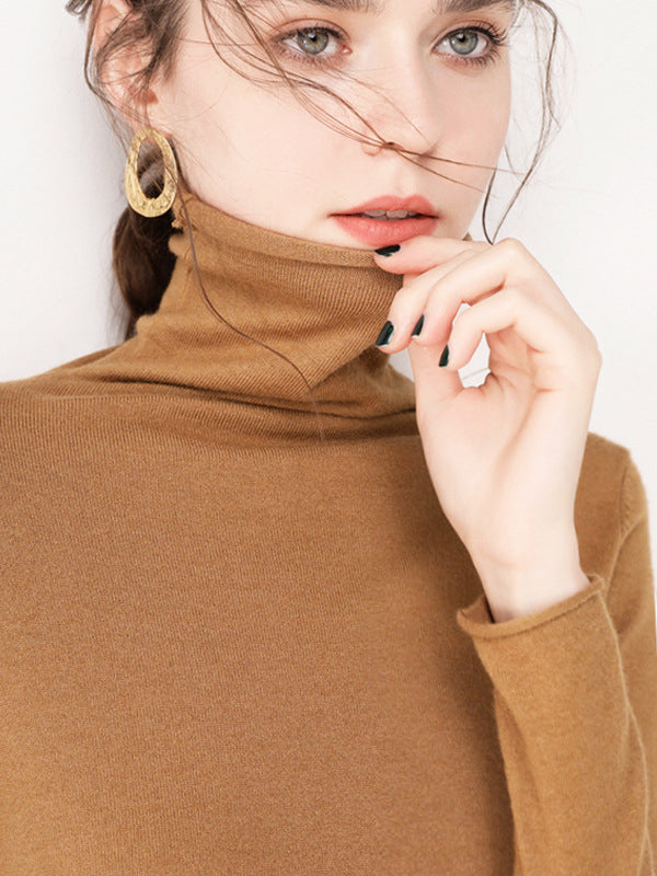 Casual Skinny Long Sleeves Solid Color Heaps Collar Sweater Tops Pullovers