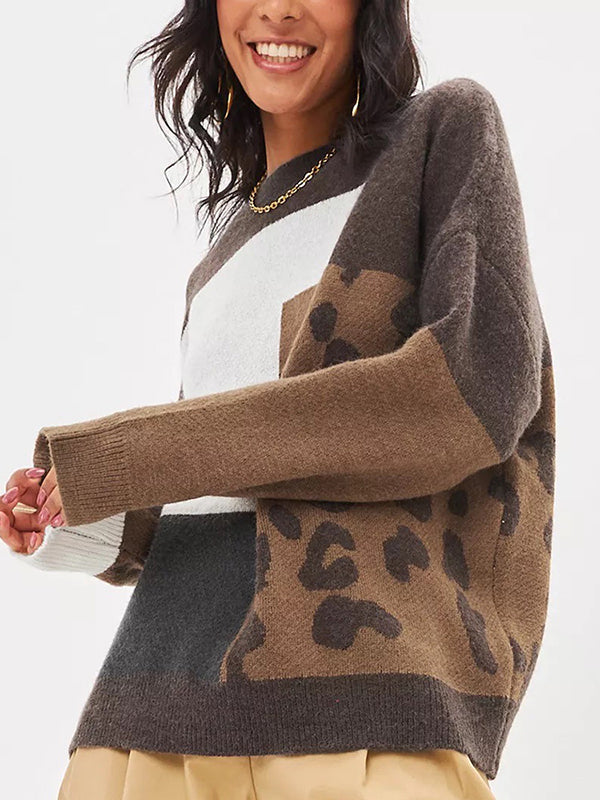 Contrast Color Leopard Split-Joint Long Sleeves Loose Round-Neck Sweater Tops Pullovers