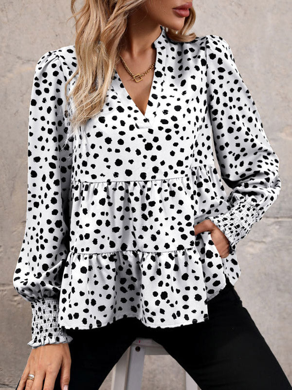 Elasticity Polka-Dot Split-Joint Long Sleeves Loose V-Neck Blouses&Shirts Tops