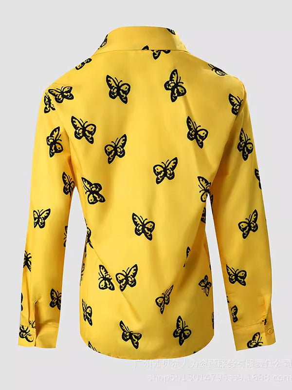 Butterfly Print Buttoned Split-Joint Long Sleeves Loose Lapel Blouses&Shirts Tops