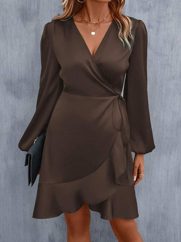 Elasticity Pleated Solid Color Split-Joint Tied High Waisted High-Low V-Neck Mini Dresses