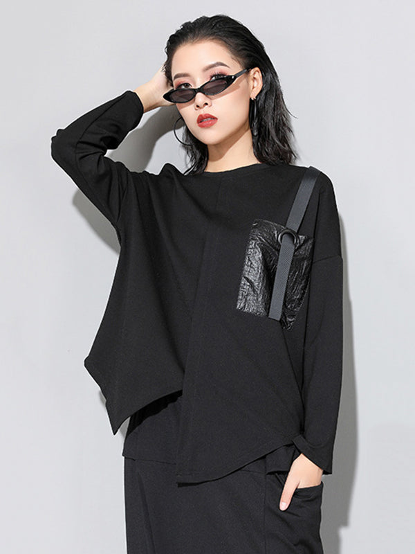 Loose Long Sleeves Split-Front Round-Neck T-Shirts Tops